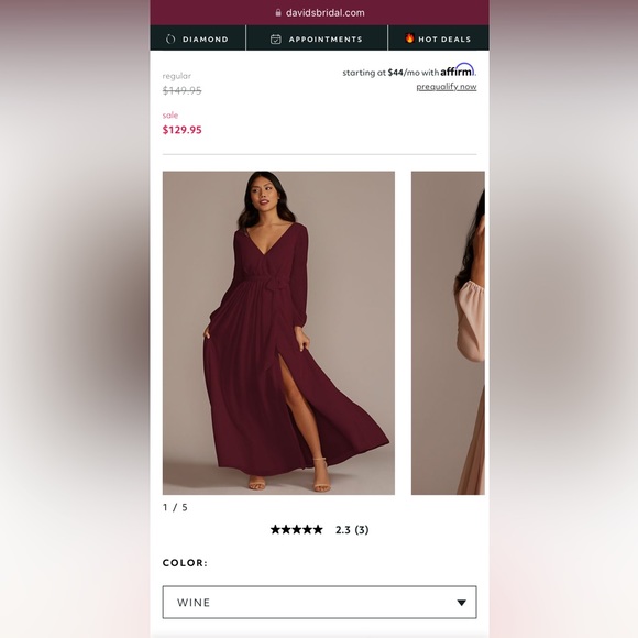 David’s Bridal DB Studio Burgundy Wine Long-sleeve Chiffon Bridesmaid Dress - Picture 6 of 6